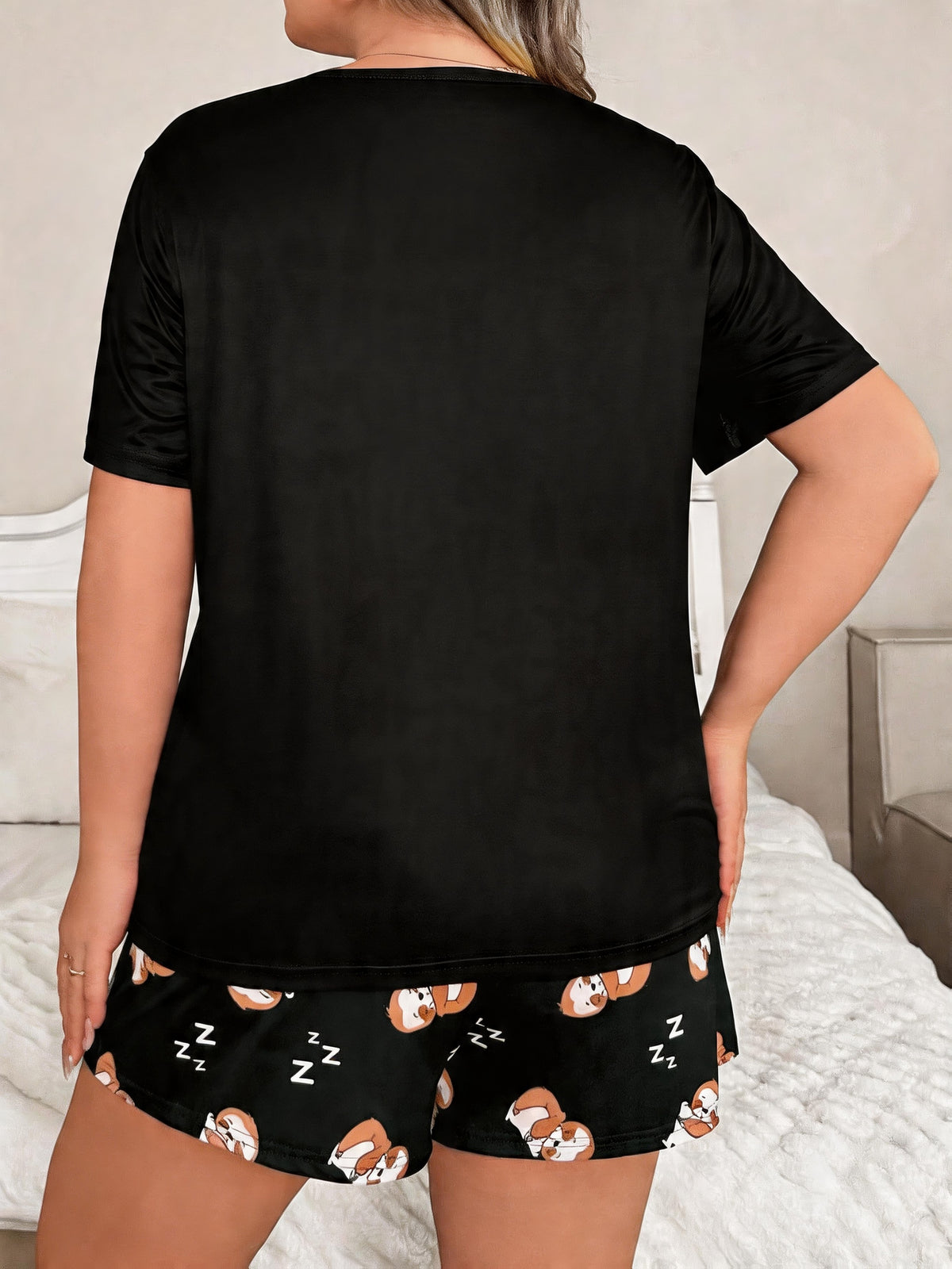 Women'S Plus Size Pajama Set, Cartoon Sloth Short Shorts, Short Sleeve Top, Home Wear Set, Plus Size, Spring And Summer Clothing - Black