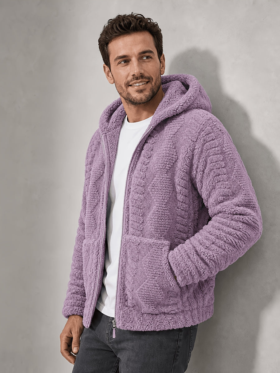 Men'S Plush Fleece Hooded Jacket, Full-Zip Long Sleeve Outerwear with Hand Pockets, Elastic Cuffs And Hem, Solid Color Textured Casual Jacket for Fall/Winter Daily Wear, Travel And Outdoor Activities - Violet