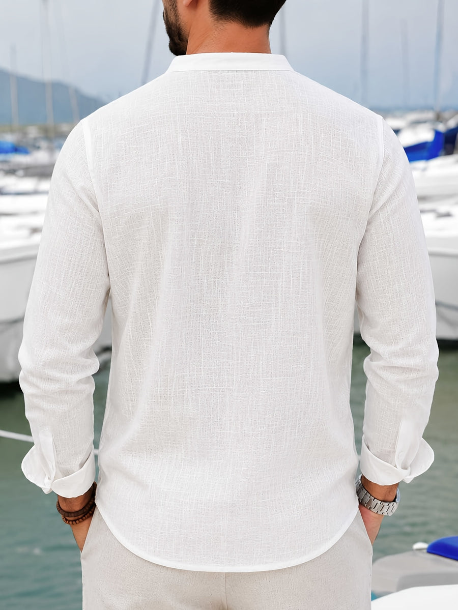 Pc of 2 Mens Plain Long Sleeve Button Shirts with Mandarin Collar & Distinct Chest Pocket, Lightweight Airy Sweat-Wicking Casual Tops, Versatile for Office Work, Holidays, Daily Outings & Home Regular Fit Spring Summer Office Work Holiday - Khaki+White