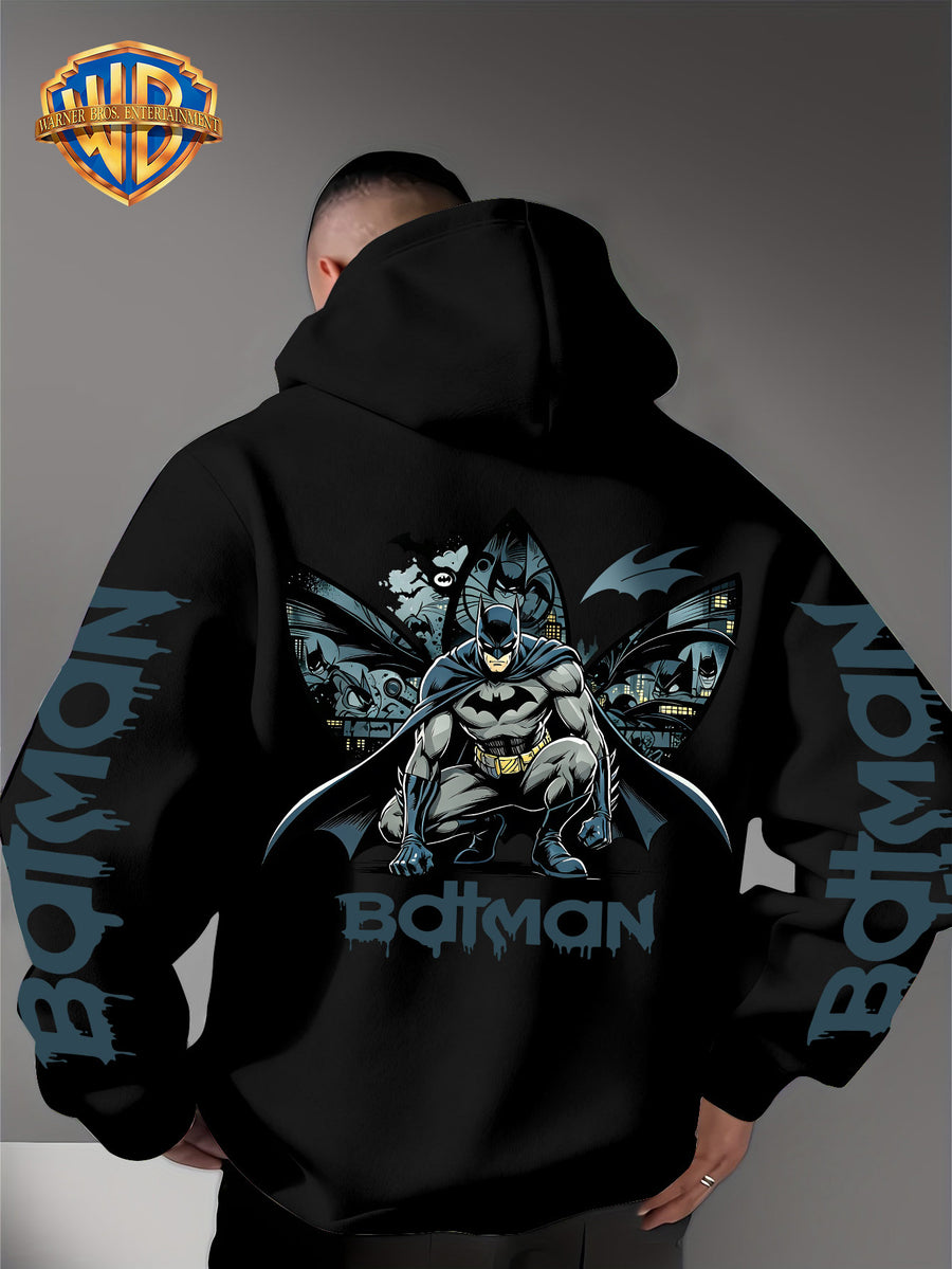 Warner Bros. Official 1pc Men's Hooded Long-Sleeve Sweatshirt - Batman Gotham Night Scene Multi-Panel Print + BATMAN Drip Graffiti Letter Creative Graphic Print, Letter Print on Both Sleeves, Cool DC Superhero IP Graphic Hoodie, Skin-Friendly - Black