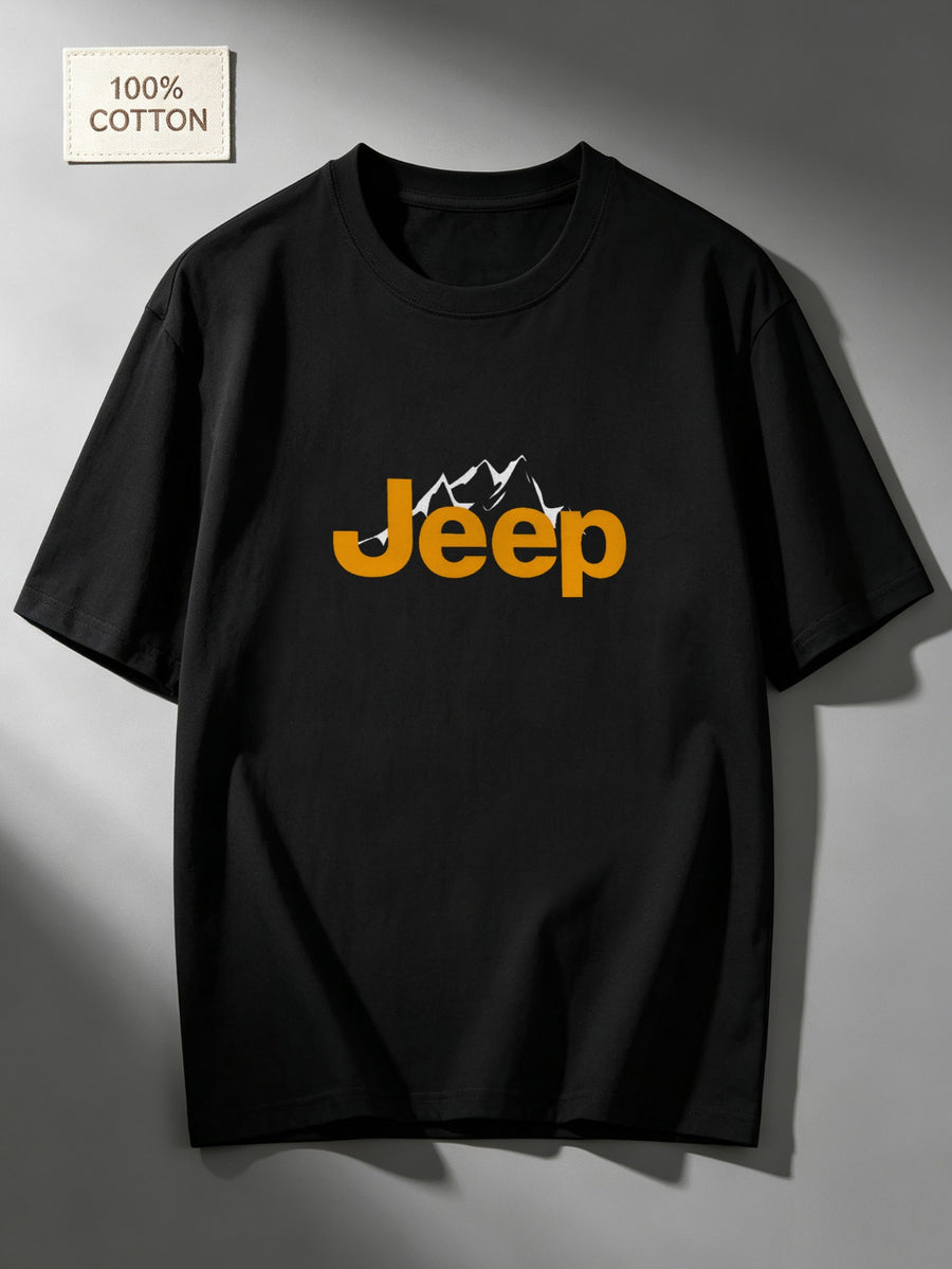 New Cotton Casual Men's T-Shirt Jeep Mountain Logo Graphic Tee Summer Outdoor Gift for Boyfriend Husband Father - Black