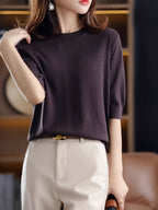 Fine Round Neck Mid-Sleeve Sweater Women'S Spring Autumn New Vintage Elegant Top Short Sleeve Base Layer - Coffee Color