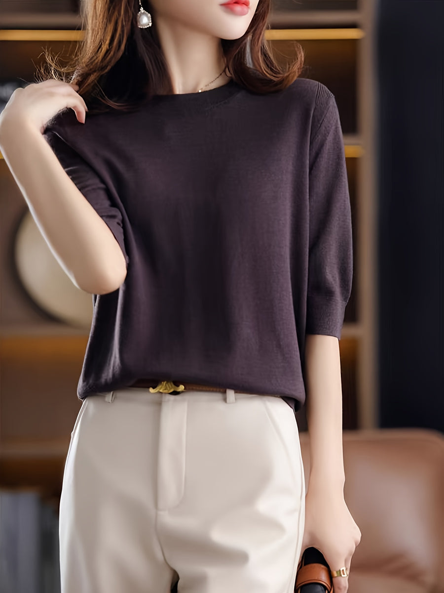 Fine Round Neck Mid-Sleeve Sweater Women'S Spring Autumn New Vintage Elegant Top Short Sleeve Base Layer - Coffee Color