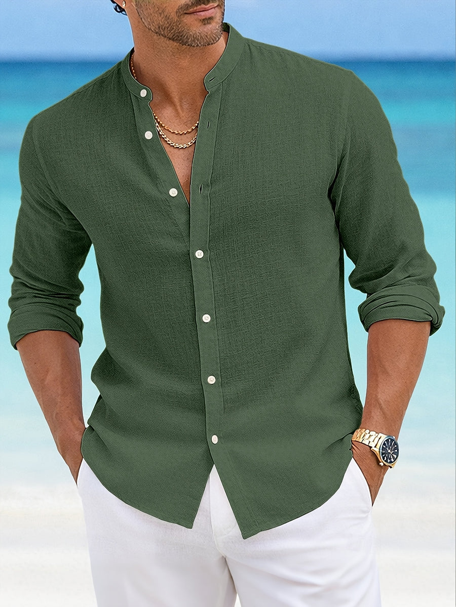 Men's 100% Pure Cotton Casual Stand Collar Long Sleeve Shirt, 5pcs. Breathable Long-sleeve Shirts for Men, a Great Choice for Daily Commutes, Outings, and Seaside Vacations. A Wonderful Gift for a Boyfriend or Husband. - White + Green + Blue + Gray + Black