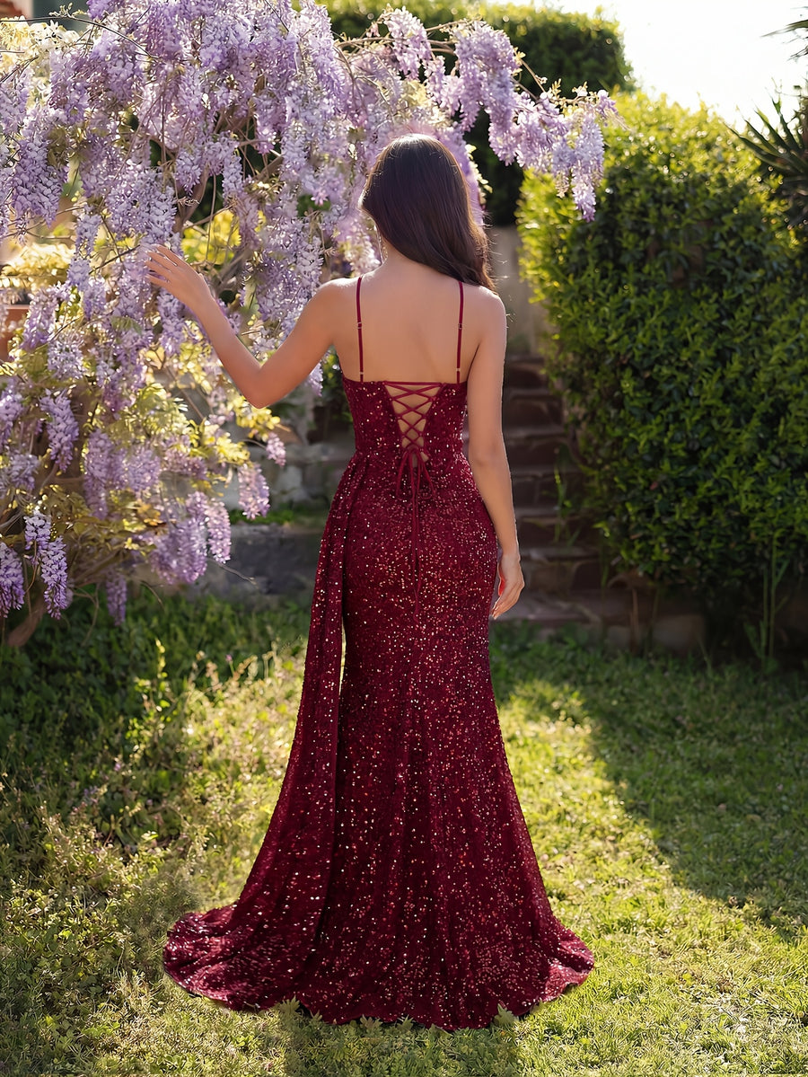 A High-Waisted Long Dress with Sequins, Beading, a V-Neck, Hollow Design, And Open Back, Perfect for Parties And Evening Events - Burgundy