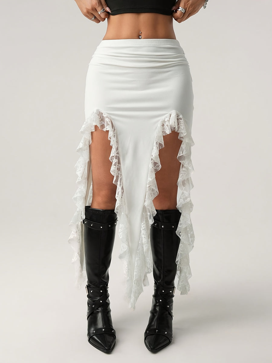 A Sexy Instagram-Style Lace Ruffled Irregular Hem Seaweed Bodycon Skirt - White
