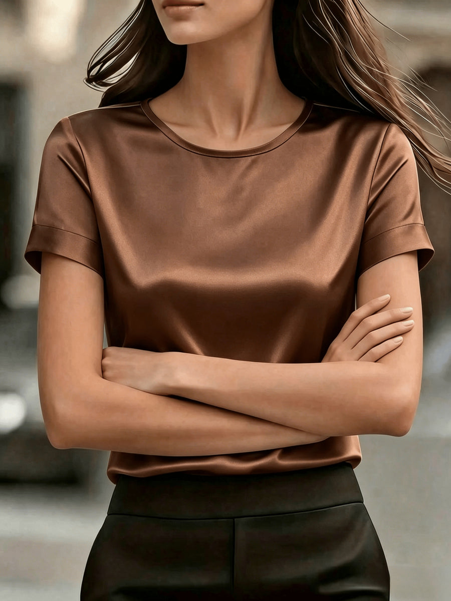 Women's Simple Round Neck Short Sleeve T-Shirt - Satin Texture, Ideal for Mother's Day & Independence Day Commute, Suitable for Spring & Summer Office & Casual Looks, Luxury Style Outfit - Coffee Color