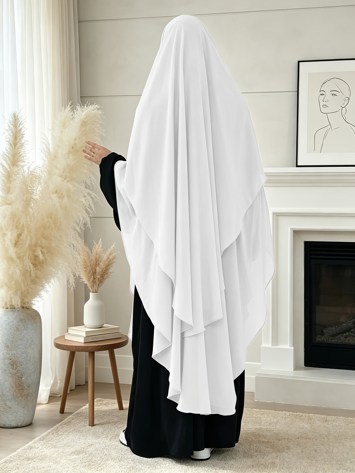 1pc High-Quality Pearl Chiffon Double-Layer Design Breathable And Private Kimmar Scarf Matching Any Abaya Women'S Daily Wear Prayer Use All Seasons - White