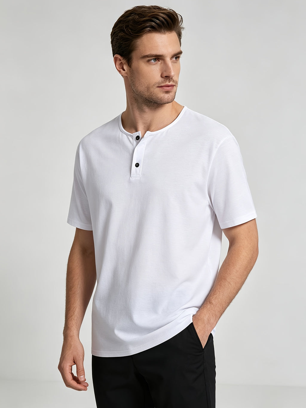 Short Sleeve T-Shirt Henley Collar Half-Open Round Neck Summer New Round Neck Solid Color Men'S Thin Top Athletic Short Sleeve Men'S Loose Plus Size Fitness Slim T-Shirt Henley Button-Up Collar Base Layer Training Trendy - White