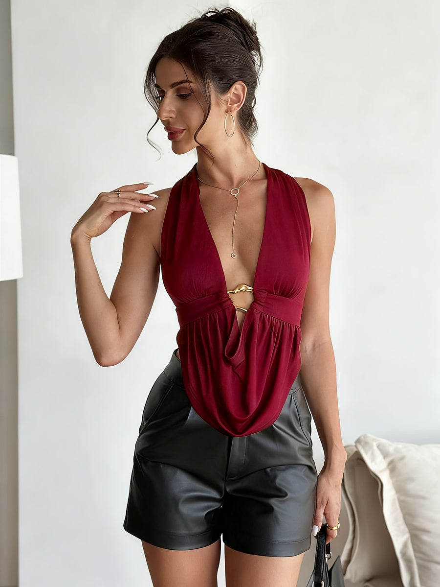 Western Style Temperament Hollow Neck Backless Top Street Elegant Fashion Tie Vest - Burgundy