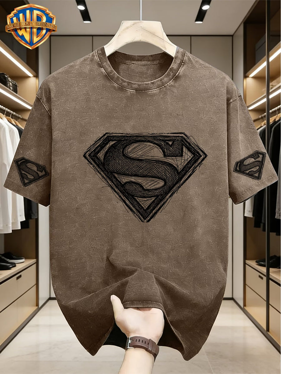 Superman Logo Hand Drawn Sketch Print T-Shirt for Men with A Niche Design Sense, Superhero Anime Peripheral Top - Coffee Brown