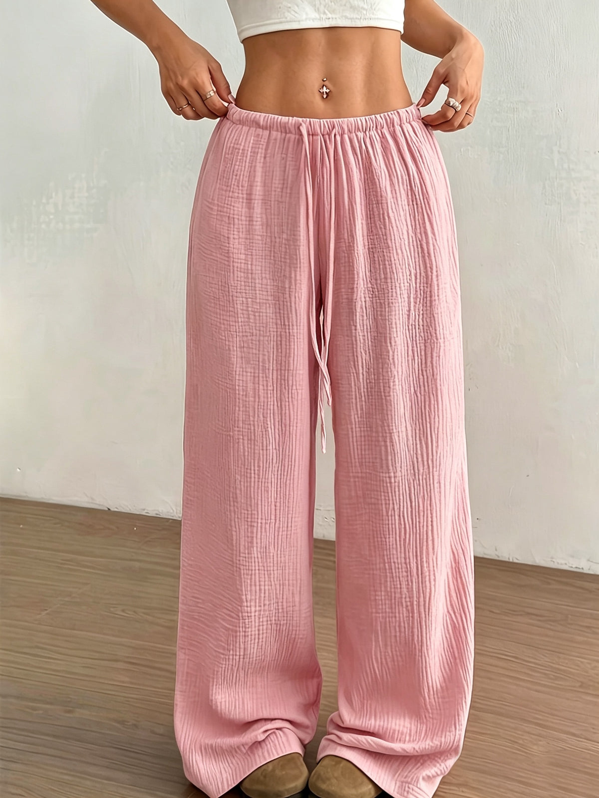 Women's Solid Color Wide-Leg Trousers - Elastic Waist Straight-Leg Pants with Adjustable Drawstring, Lightweight Loose Wide Pants Suitable for Spring Summer Fall, Casual Office Wear, Machine Washable Wide Leg Pants for Blouses - Pink Color