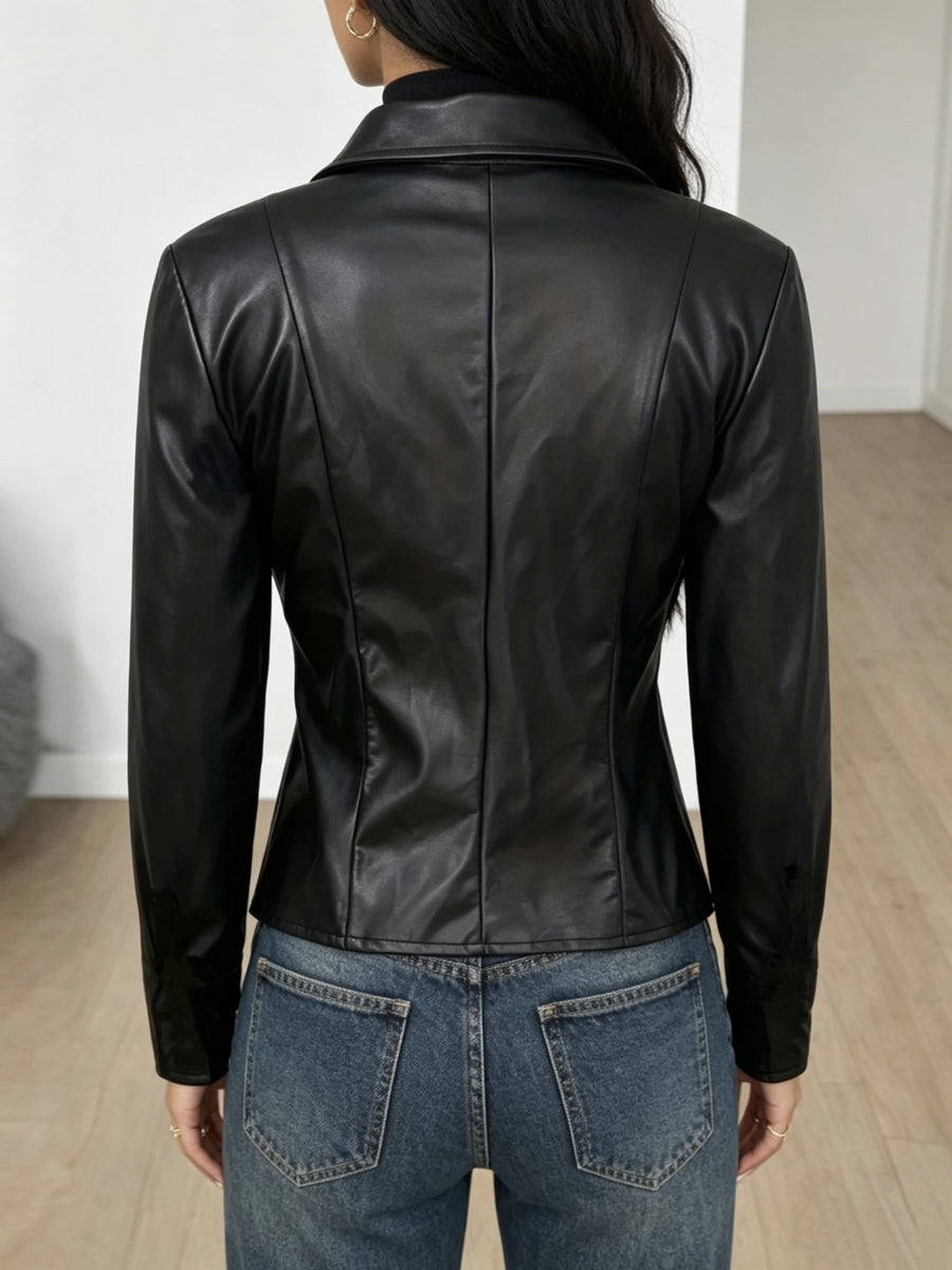 Elegant and Stylish PU Jacket for Women, Versatile for Fashionable Commuting and Suitable for All Occasions. Solid Color, Machine Washable. Women's Spring Jacket for Elegant Parties - Black