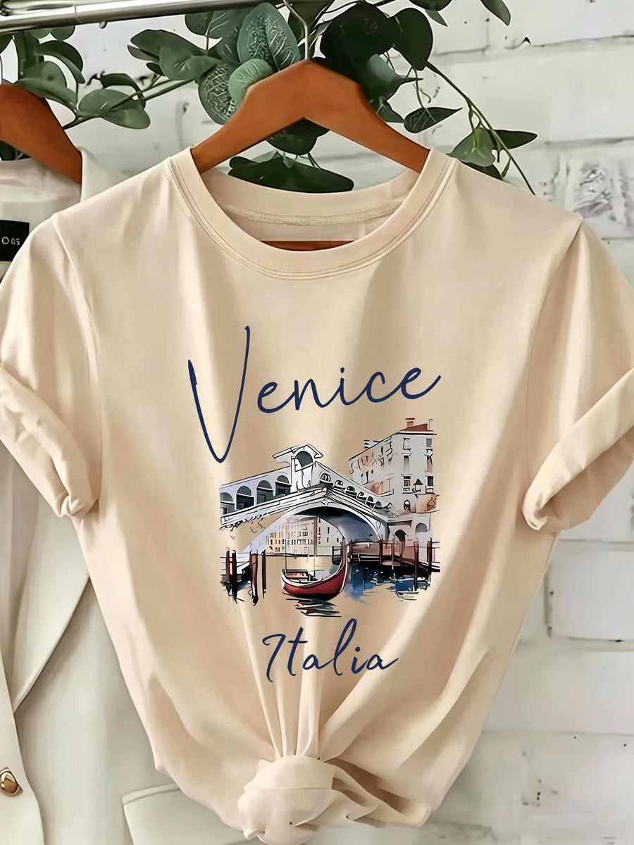 Summer Western Architectural Print Round Neck Regular T-Shirt, Casual Regular Printed Top - Apricot