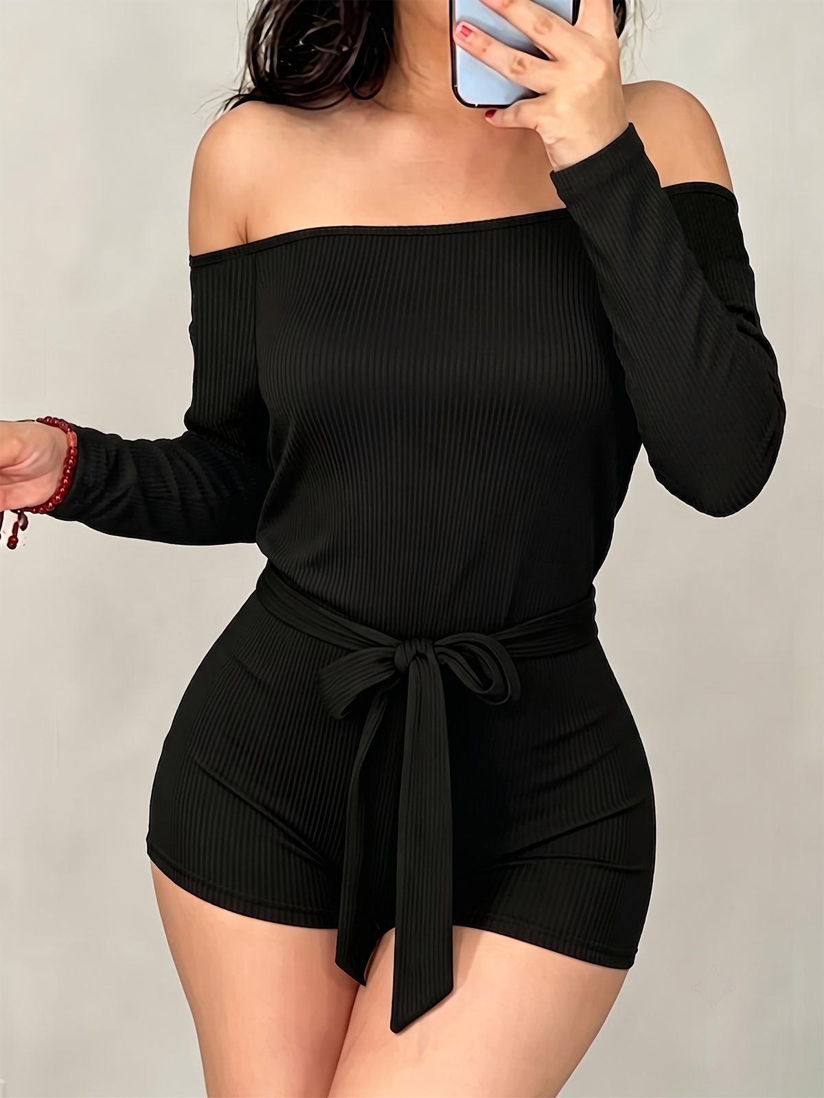 1pc Casual Off-the-Shoulder Waist Tie Jumpsuit - Black