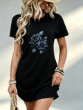 Printed Design Not Textured, Casual Style, Women Dress, Black Rose Floral Print, Daily Wear, Gift for Her, 100 Percent - Black