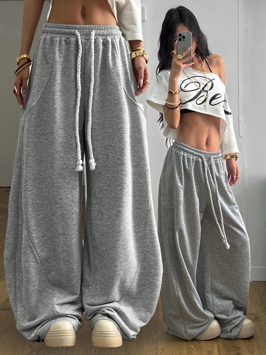 Women's Fashion Y2K Long Pants with Elastic Waist and Drawstring, Loose-Fit Design, Casual and Versatile Wide-Leg Y Pants YTD - Grey
