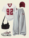 Plus Size, Digital Print Pattern T-shirt Short Sleeve + Solid Color Casual Wide-leg Pants Set - White