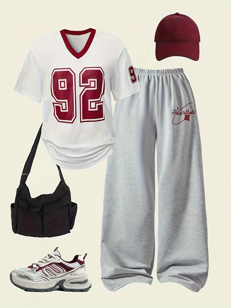 Plus Size, Digital Print Pattern T-shirt Short Sleeve + Solid Color Casual Wide-leg Pants Set - White