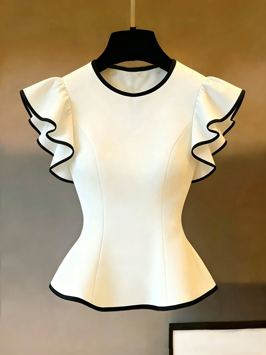 Women's Fashion New Arrival Round Neck Ruffle Short Sleeve Top, Slim Fit with Contrast Trim on Sleeves and Hem, Suitable for Daily Casual and Commuting - Beige