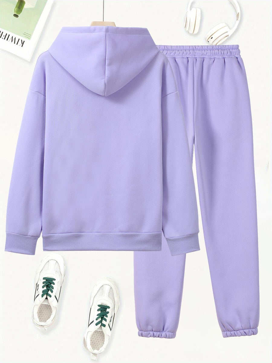 Butterfly Heart Print Hoodie And Pants Set, Casual Long Sleeve Hoodie And Jogger Set, Women'S Hooded Pocket Outfit - Purple