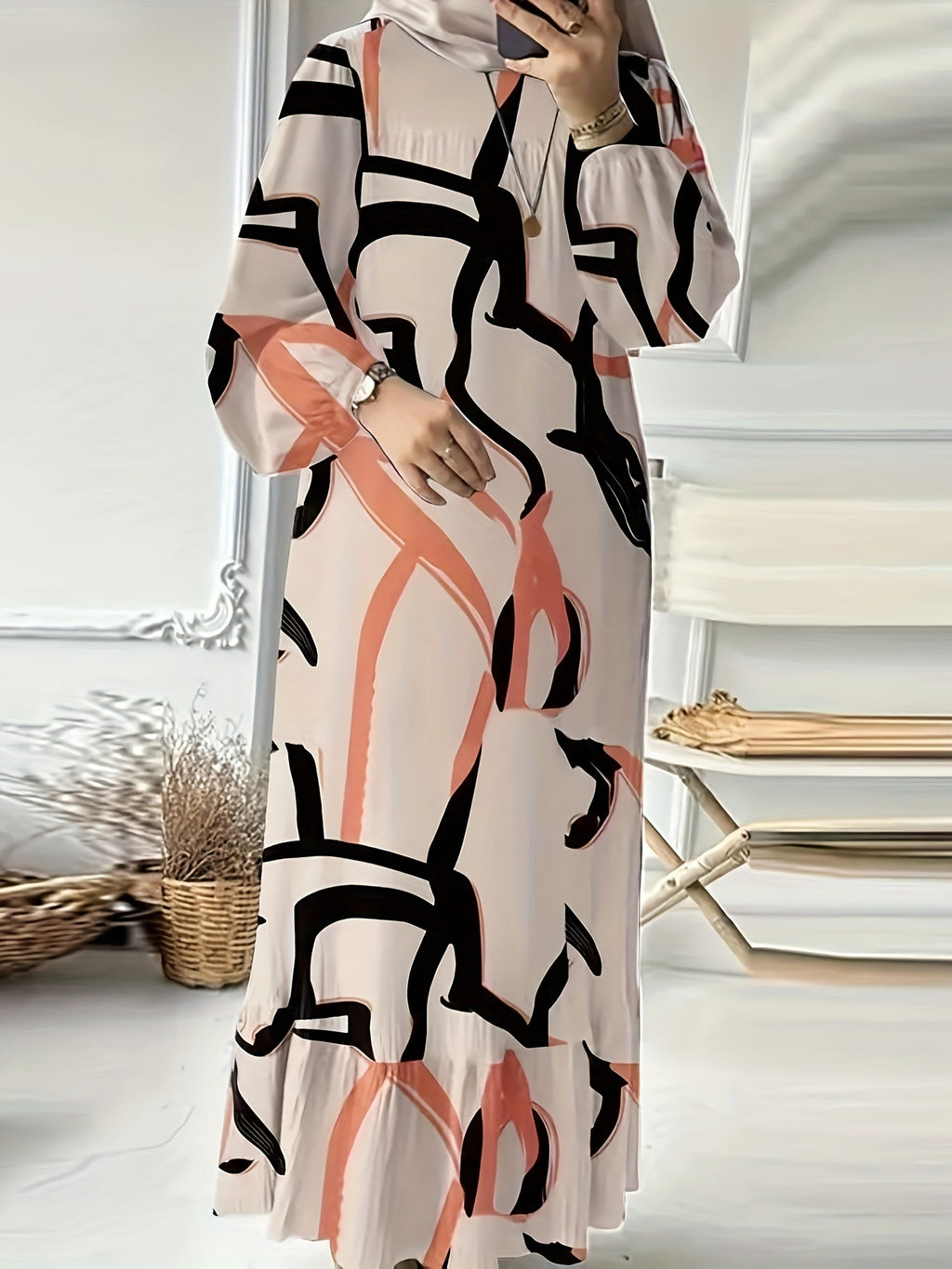 Fashion Printed Muslim Women'S Dress Long Sleeve Retro Loose Maxi Dress Ruffle - Apricot