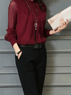 Women's Elegant Office and Daily Shirt - Stand Collar Long Sleeve Non-Sheer Professional Top, All-Season Machine Washable Formal Casual Style Q305 - Burgundy