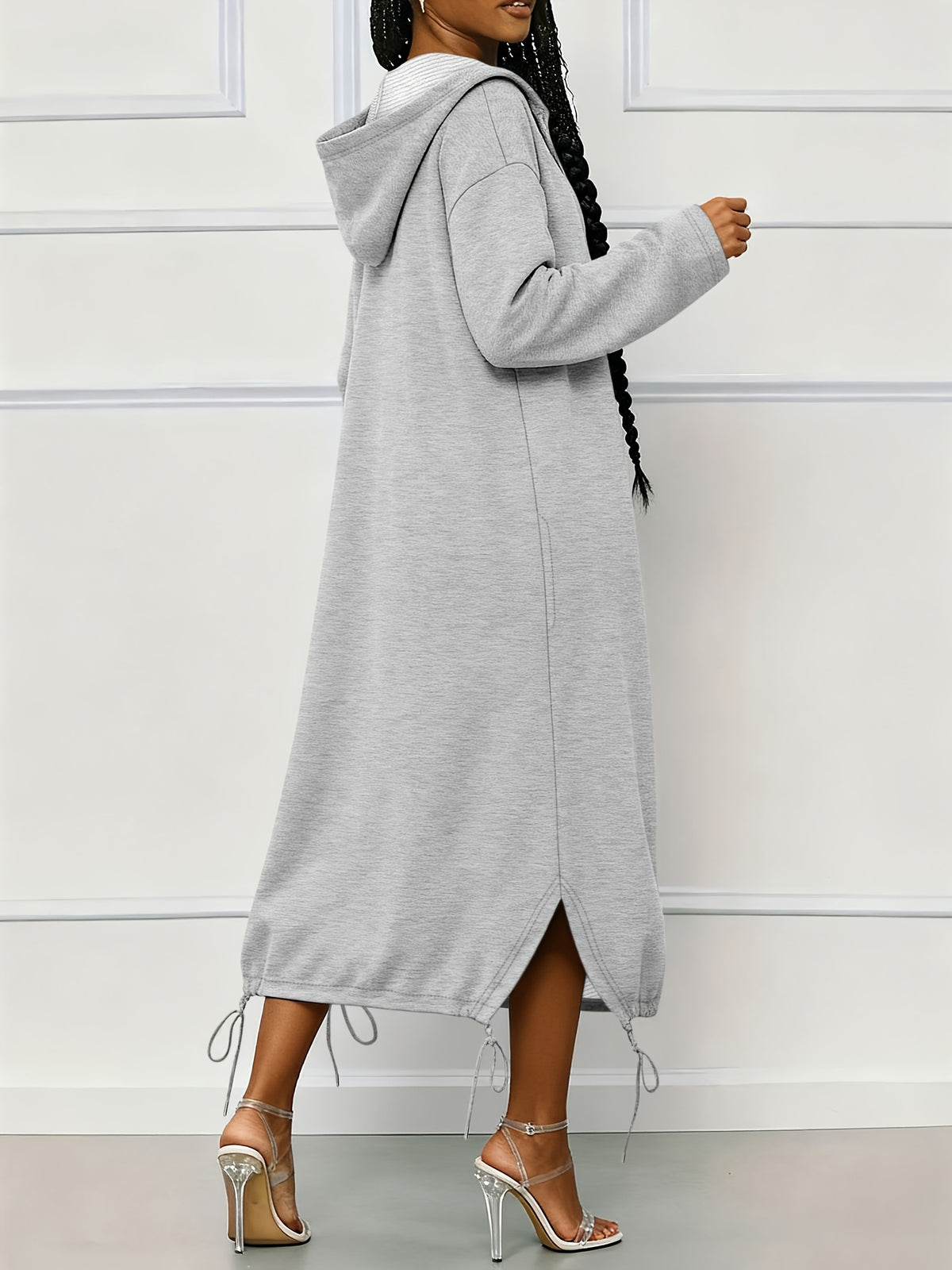 Stylish Gray Hooded Long Sweatshirt Cardigan, Loose And Casual Style Jacket for Women - Grey