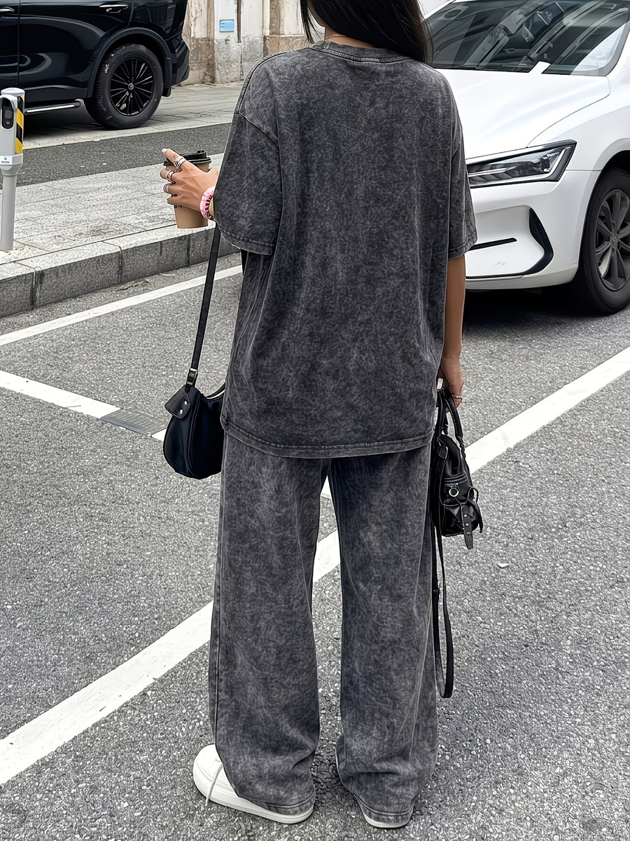 Women'S Vintage Distressed Washed 2pcs Set, Loose Distressed T-Shirt And Wide-Leg Pants Outfit, Y2K Street Style Casual Home Wear, Comfortable Casual Athletic Suit - Black+black