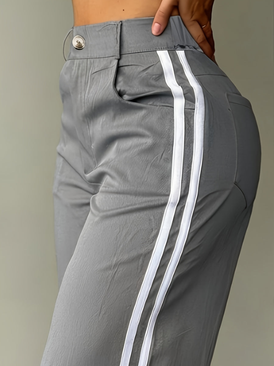 Spring and Autumn Women's Long Pants, Wide-Leg Pants with White Side Stripes, Vintage Fashionable Pants for a Tall and Look, Casual Trousers - Grey