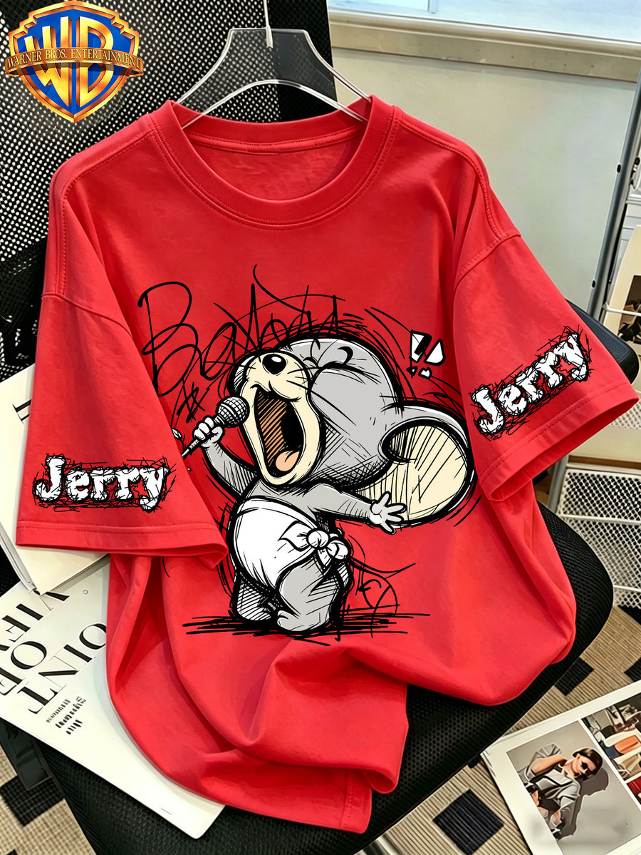Warner Bros. Official Classic Character Singing Mouse Print T-Shirt, Men'S 100% Casual Comfortable Multi-Functional Loose Summer Short Sleeve T-Shirt, Suitable for Outdoor Wear - Red