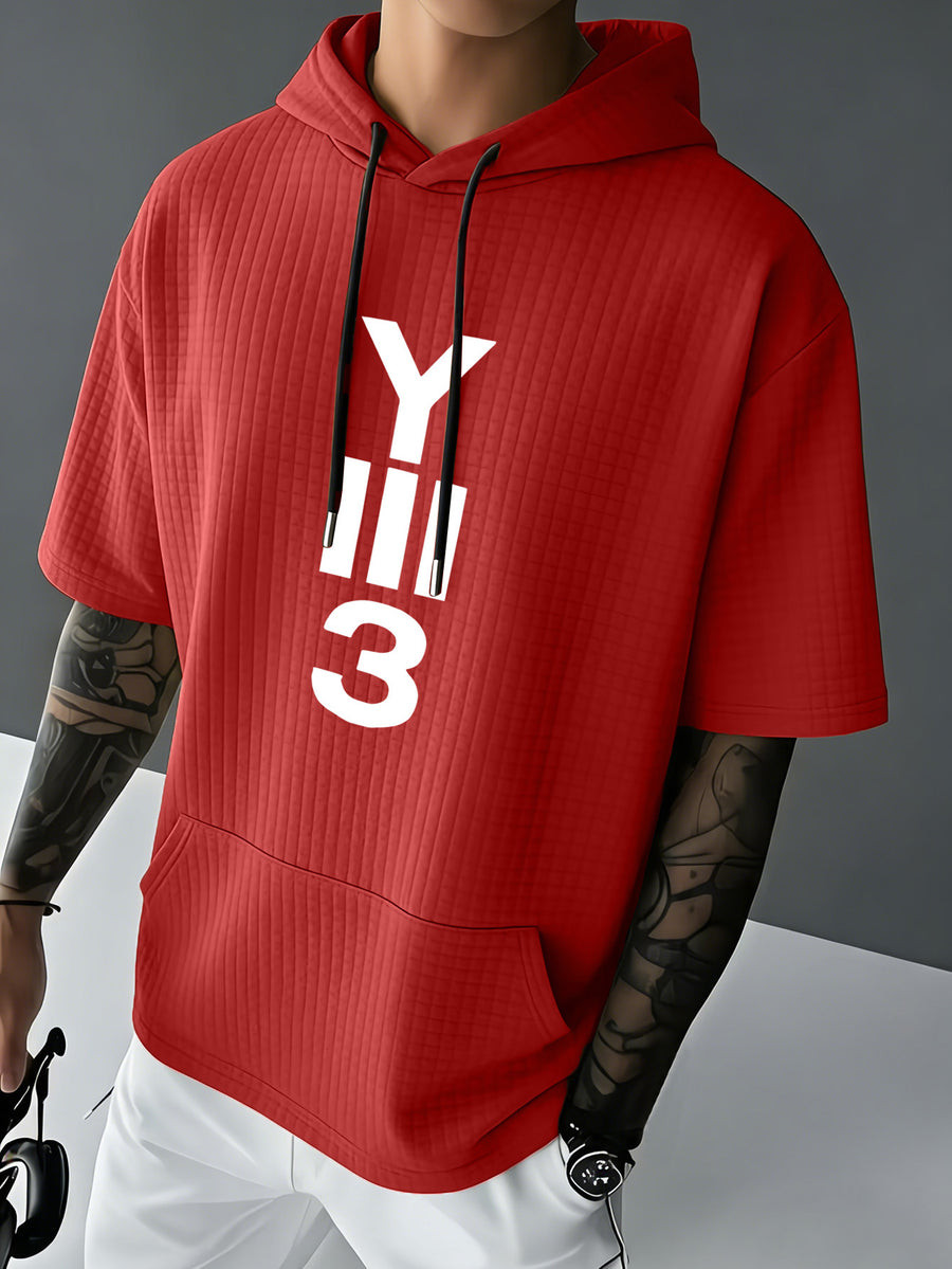 Y3 Men's Waffle Knit Short Sleeve Hooded Sweatshirt with Comfortable Print and Drawstring, Short Sleeve T-Shirt with Pocket, Summer Casual Fashion Men's Apparel, Suitable for Outings and Home Wear, Suitable for Daily and Formal Wear, Simple Summer - Red