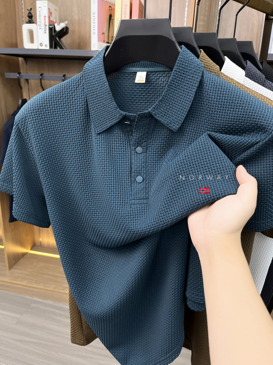 Men's Premium Summer Ice Sense Bubble Fabric Polo Shirt, Great Wall Grid Wrinkle Embossed Printed Short Sleeve Top, Multi Functional for Golf Fishing Camping Beach Swimming Turn Up Collar - Navy Color