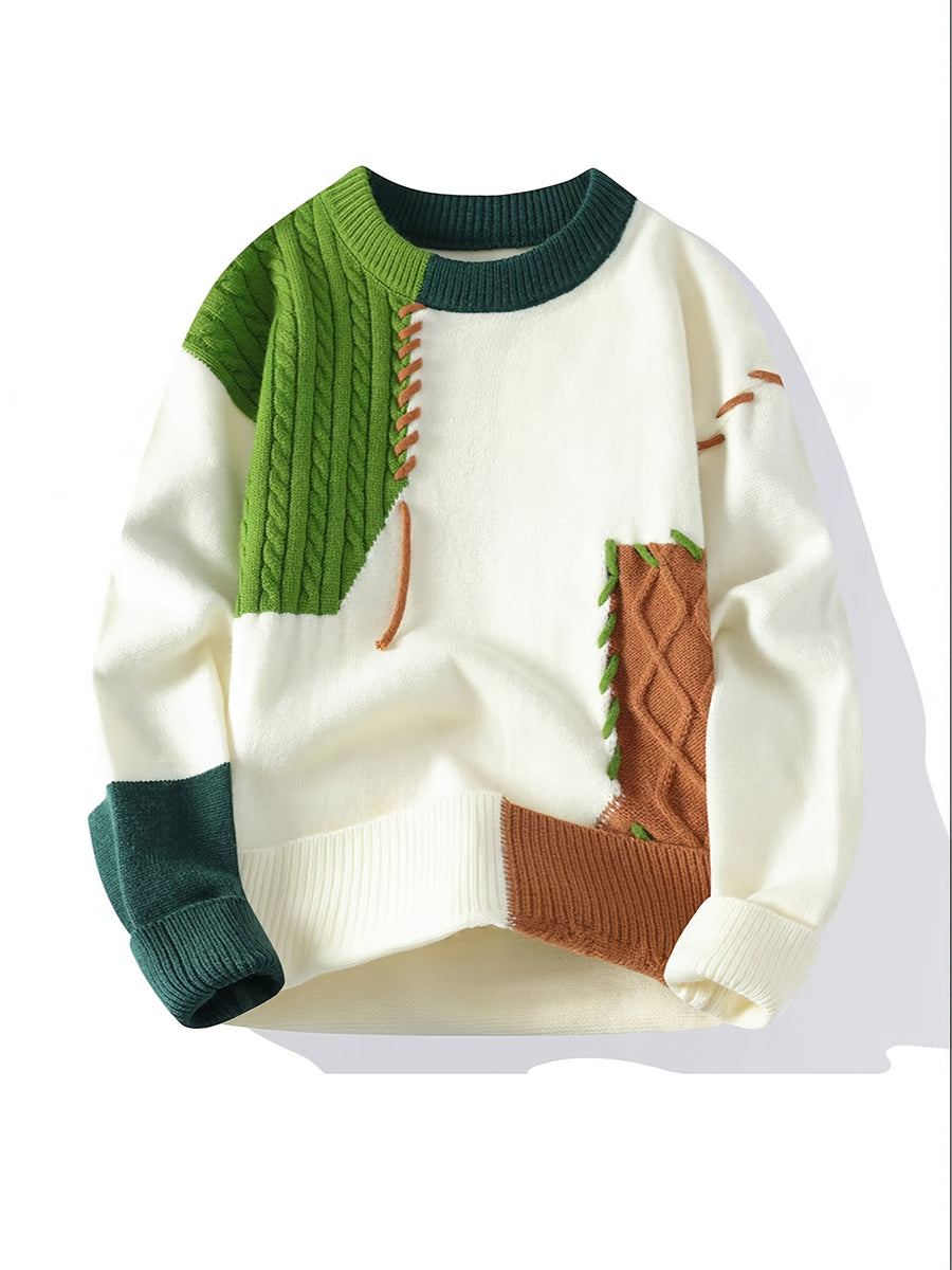 Men's Color-Block Crewneck Sweater, Regular Fit Warm Knitwear for Autumn/Winter, Casual Base Layer for Teens, Fashionable - Green