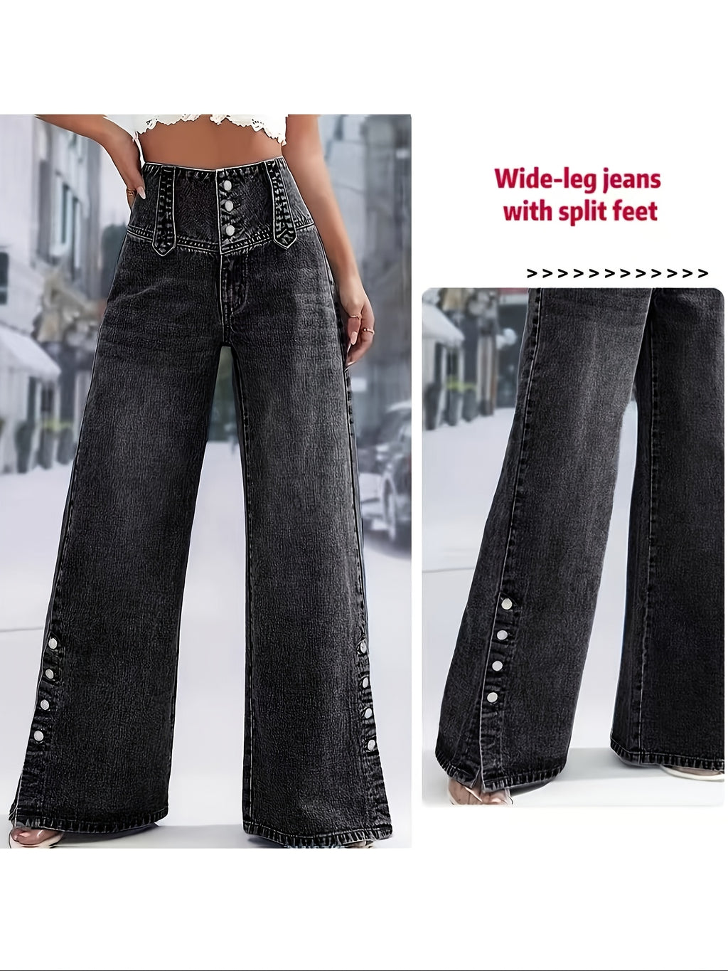 Women's Clothing, Women's Fashion, High-Waisted Button-Front Straight-Leg Jeans, High-Stretch Denim Jeans - Black
