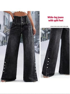 Women's Clothing, Women's Fashion, High-Waisted Button-Front Straight-Leg Jeans, High-Stretch Denim Jeans - Black