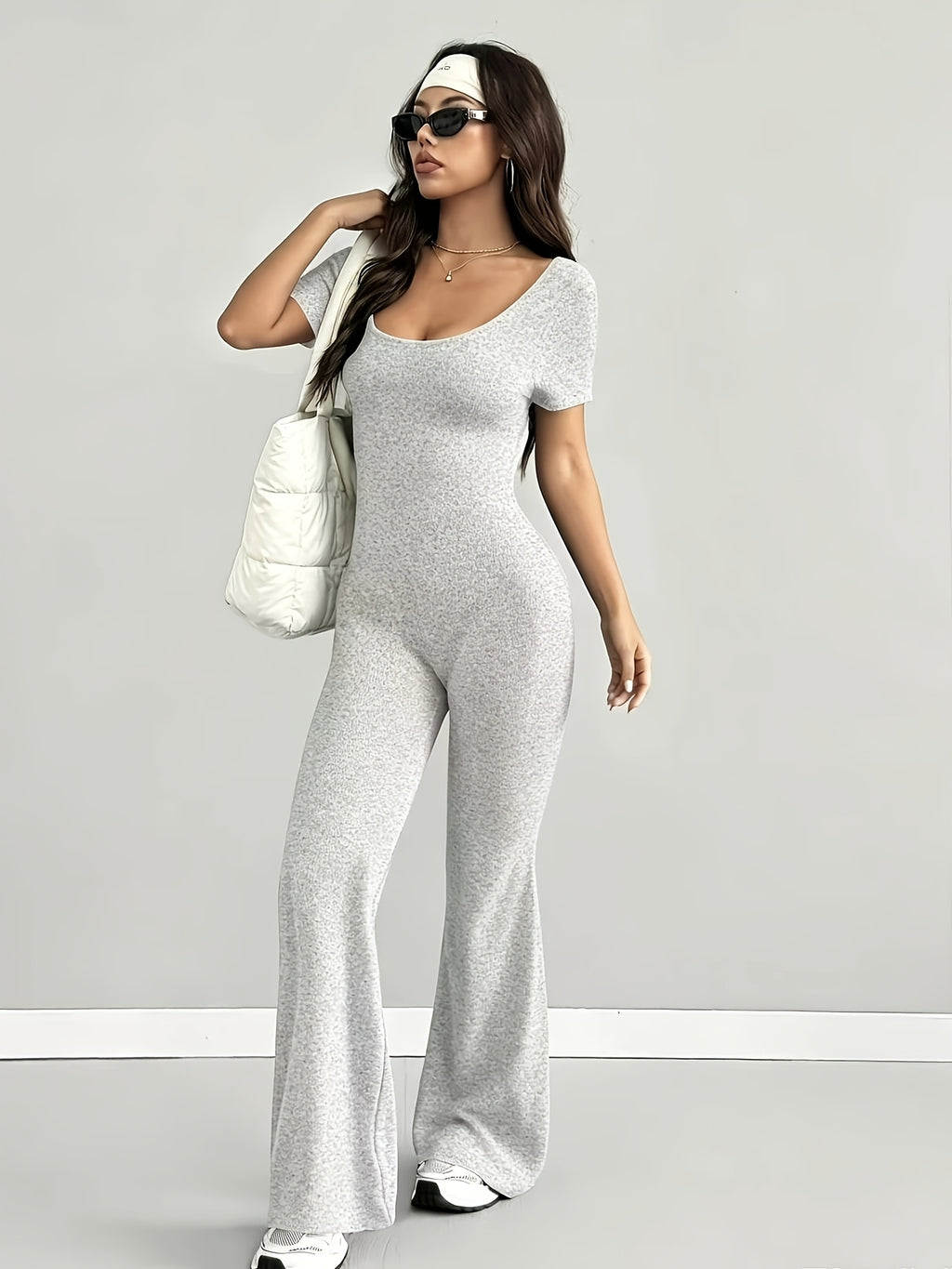 Women'S Jumpsuit, Spring Summer Casual Style, U-Neck Design, Fashionable Sexy And Comfortable, Slim Fit Versatile, Suitable for Outdoor, Commuting, Millennial Style, American Style, Chic Style, Beach Parties, Countryside Vacations - Silvery Grey