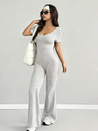 Women'S Jumpsuit, Spring Summer Casual Style, U-Neck Design, Fashionable Sexy And Comfortable, Slim Fit Versatile, Suitable for Outdoor, Commuting, Millennial Style, American Style, Chic Style, Beach Parties, Countryside Vacations - Silvery Grey