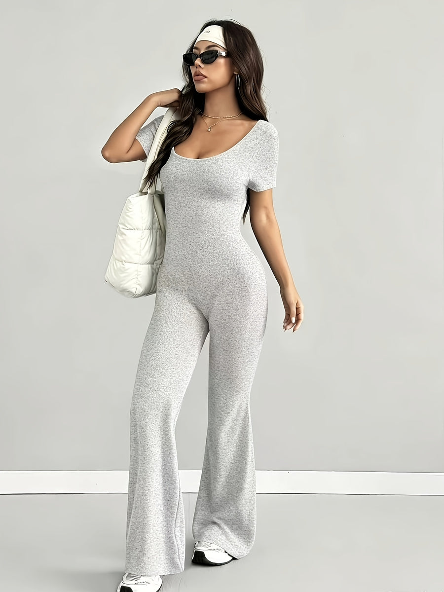 Women'S Jumpsuit, Spring Summer Casual Style, U-Neck Design, Fashionable Sexy And Comfortable, Slim Fit Versatile, Suitable for Outdoor, Commuting, Millennial Style, American Style, Chic Style, Beach Parties, Countryside Vacations - Silvery Grey