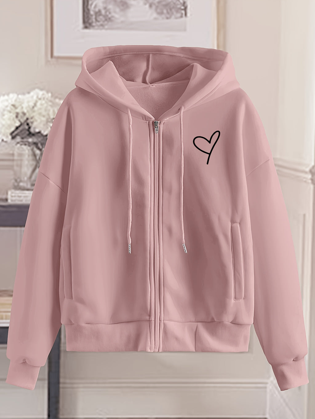 Love Print Hooded Zip-Up Sweatshirt Women'S Loose Casual Basic Cardigan Jacket - Dark Pink