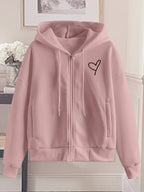 Love Print Hooded Zip-Up Sweatshirt Women'S Loose Casual Basic Cardigan Jacket - Dark Pink