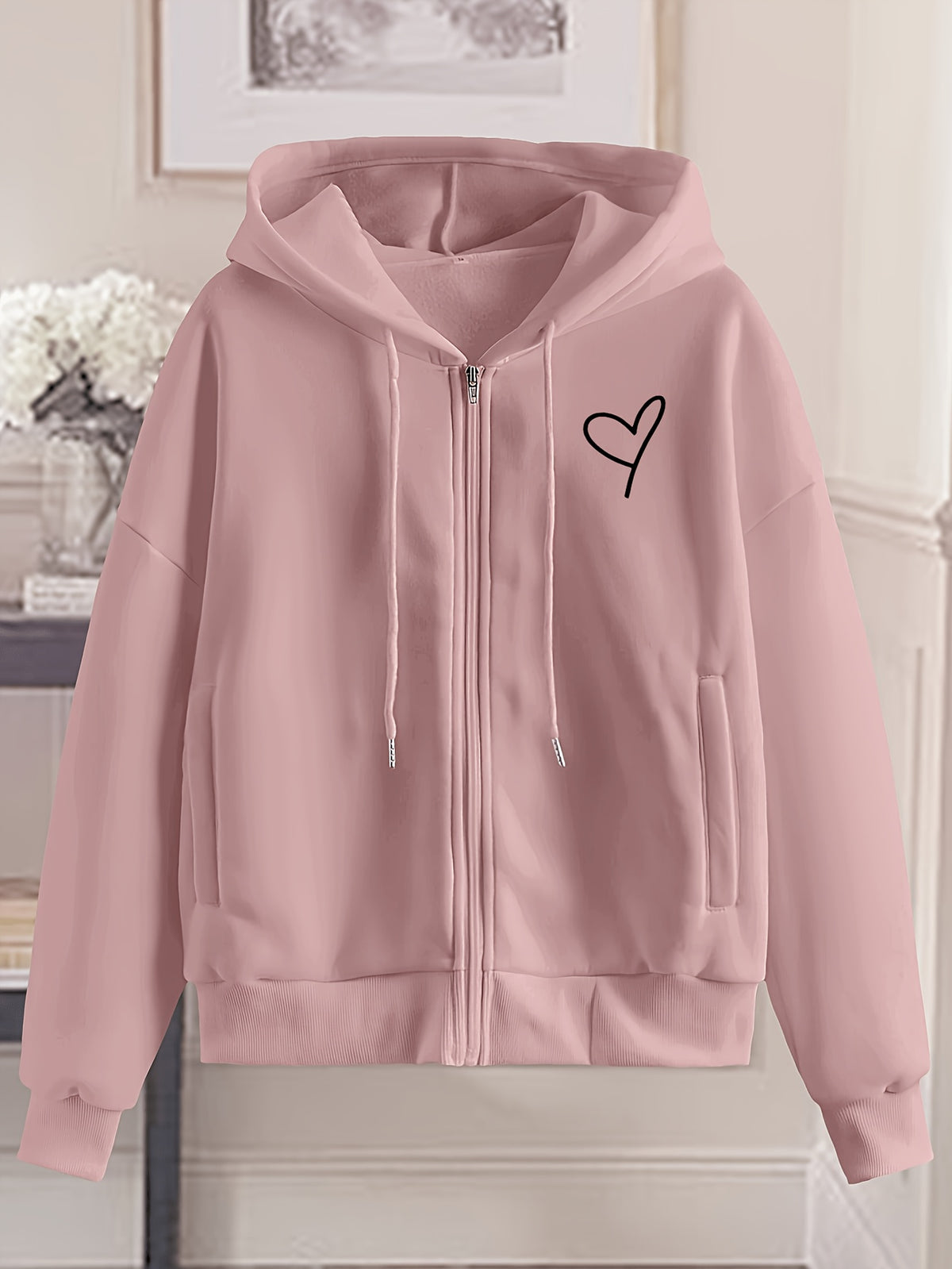Love Print Hooded Zip-Up Sweatshirt Women'S Loose Casual Basic Cardigan Jacket - Dark Pink