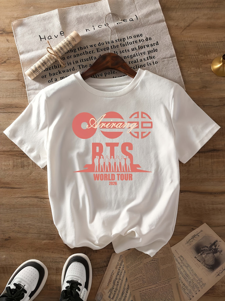 World Tour Arirang Pattern T-shirt, Short-sleeved Crew Neck Casual Top, Summer and Spring, Women's Wear - White