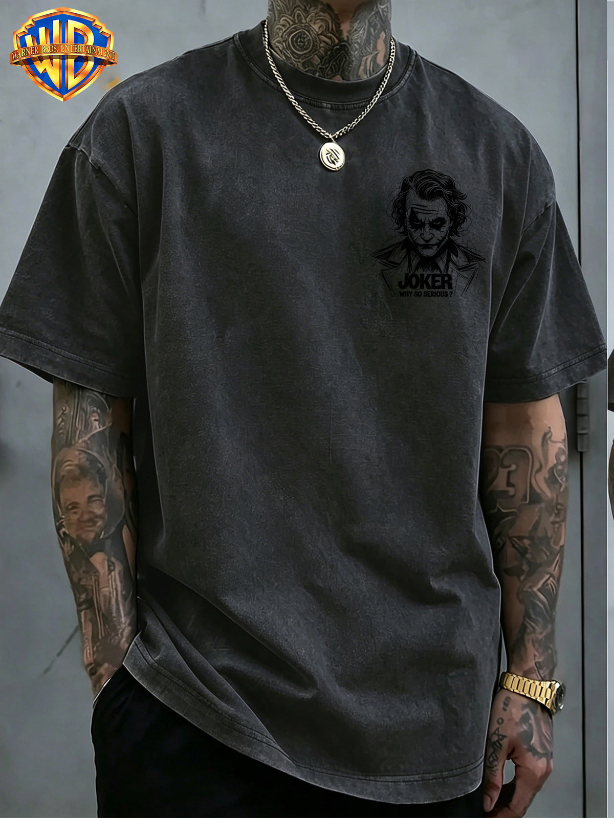 Warner Bros. Official - Cool Line Art Joker Print, American Vintage Washed Distressed T-Shirt, Suitable for Daily Commuting and Outdoor Wear, Machine Washable, Unisex - Black