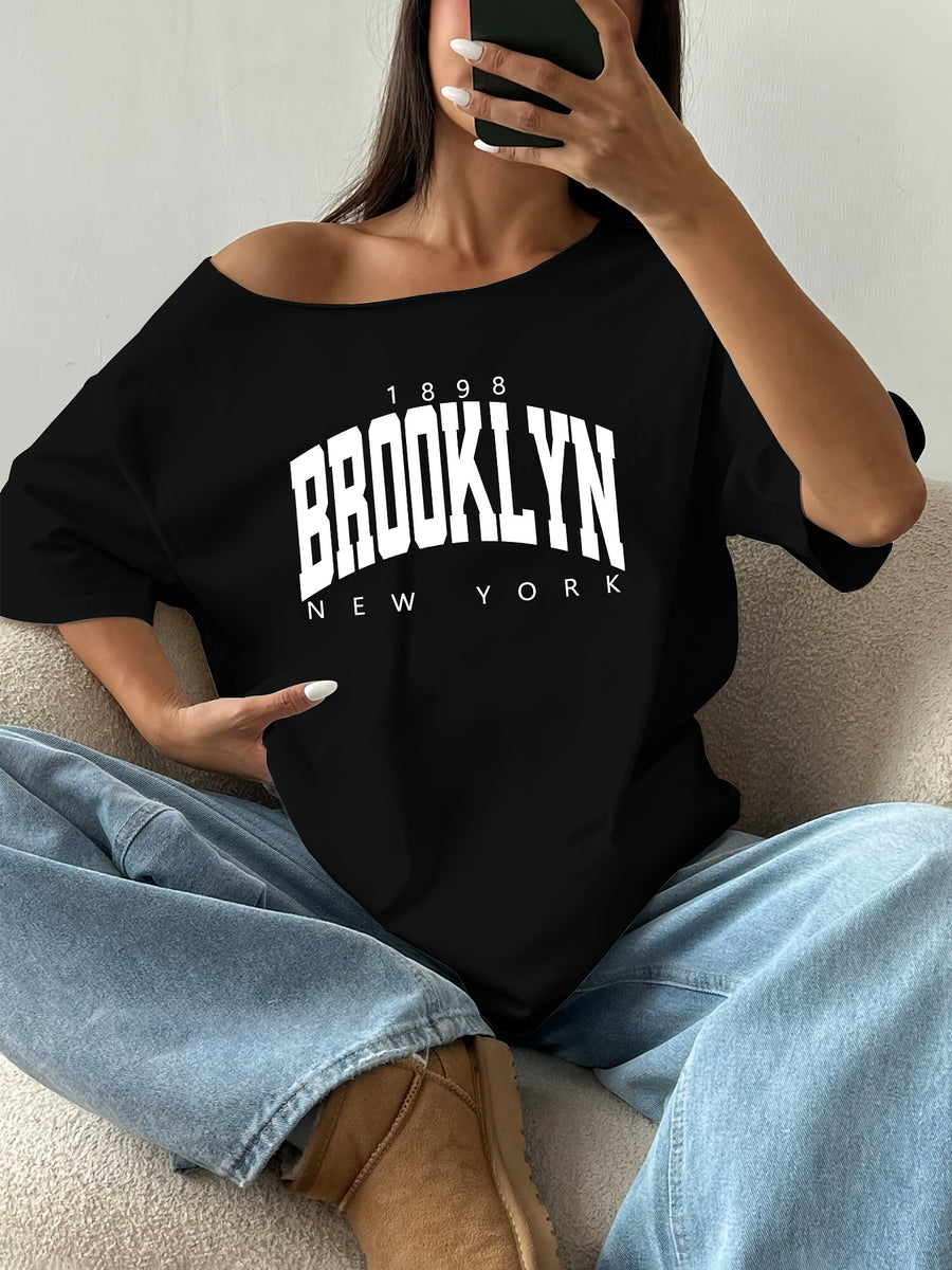 Women'S Short Sleeve Letter Pattern Casual T-Shirt - Black