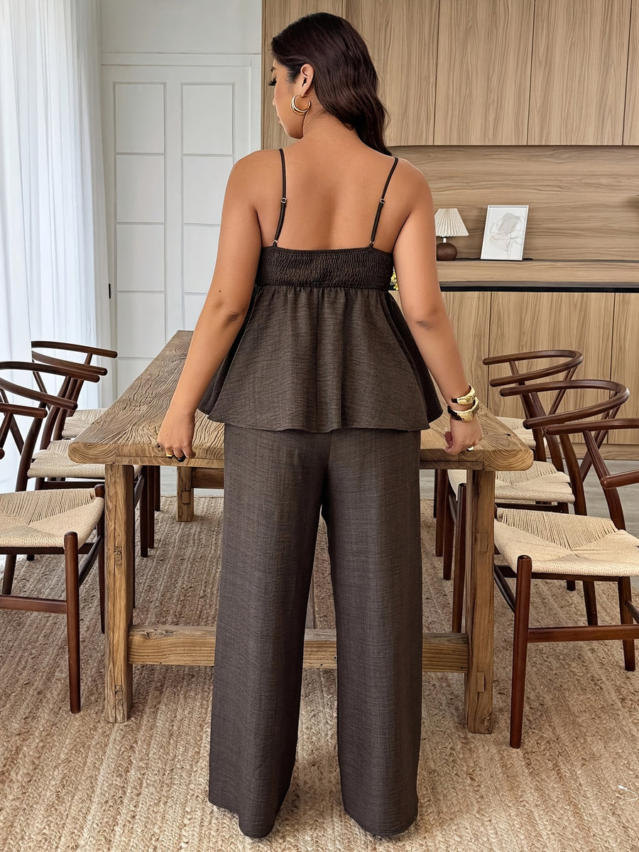 Women'S Solid Color Thin Strap Ruffled Elegant Pullover Sweater And Straight Solid Color Long Pants, Summer New Casual to Formal Wear, Designer Style, Beautiful Two-Piece Pants Set - Coffee Color