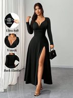 Women's Solid Color V-Neck Long Maxi Dress with -Line Slit Hem - Slim Fit -Length Evening Gown, High-Elasticity for Spring/Summer, Machine Washable Wedding Guest Dress Suitable for Commuting, Dates, Gatherings - Black