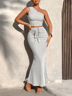 Women'S Summer Casual Striped Off-Shoulder Ruffled Short Top And Ruffled Mermaid Skirt 2pcs Set - White