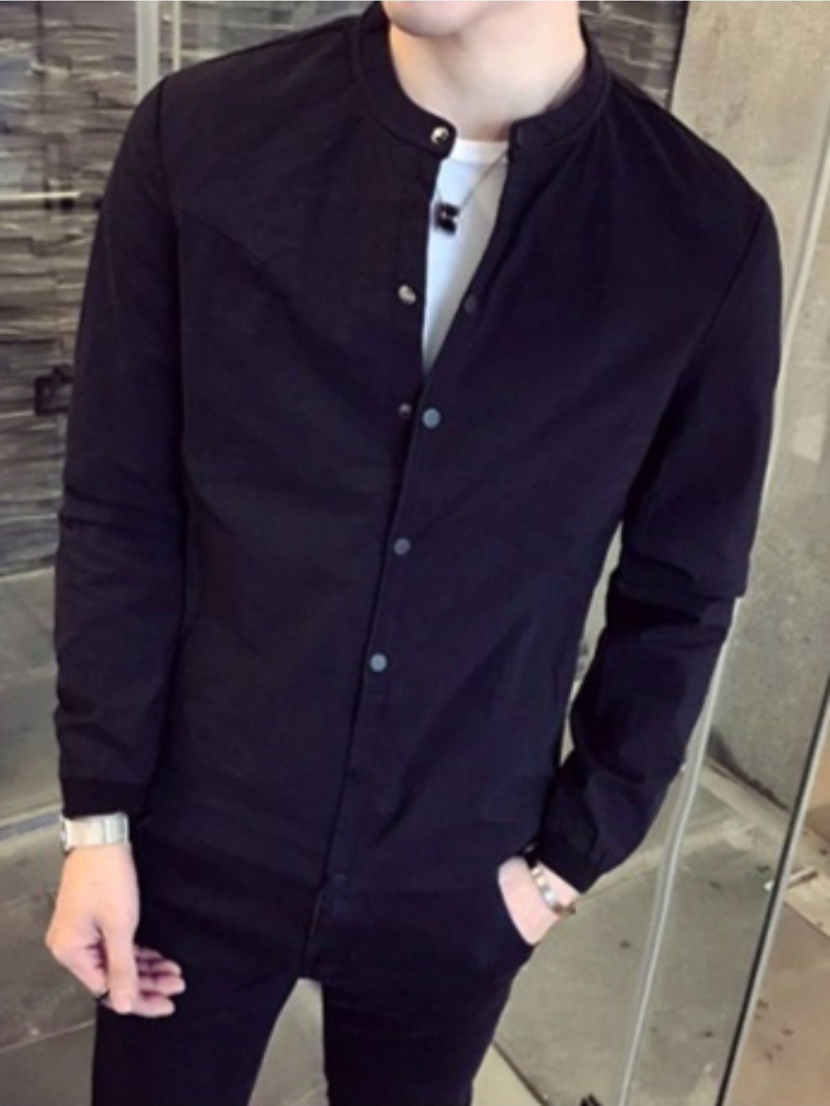 Men'S Casual Stand Collar Jacket - Slim Fit Button Up Lightweight Coat, Polyester, 2 Colors (Olive Green, Black) - 1921 Black