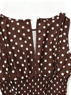 Women'S New Retro Polka Dot Print Jumpsuit, Shoulder Bow Tie Detail, Round Neck Sleeveless Back Slit Button Design, Elastic Ruched Waist, Summer Casual Beach Vacation Outfit, Elegant Commute, Date Outing Daily Wear Long Length Wide Leg Trousers - Olive Brown